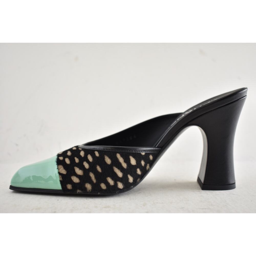 Chanel 26S Blazy Black White Pony Fur Green Square Toe Block Heel Pump Mule 38 - Picture 15 of 16